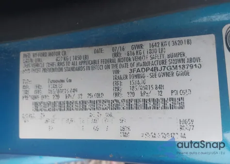 2016 Ford Fiesta Se z USA, uszkodzony, nr VIN 3FADP4BJ7GM187910